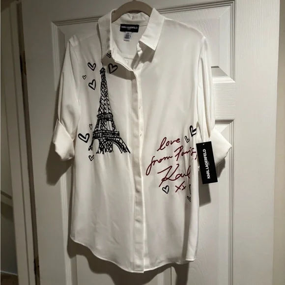 NWT Karl Lagerfeld White Parisian Graphic Shirt - Picture 1 of 13